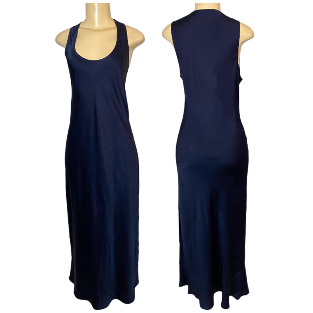 Elizabeth & James Malta Long Scoop Neck Sleeveless Satin Slip Blue Dress Large